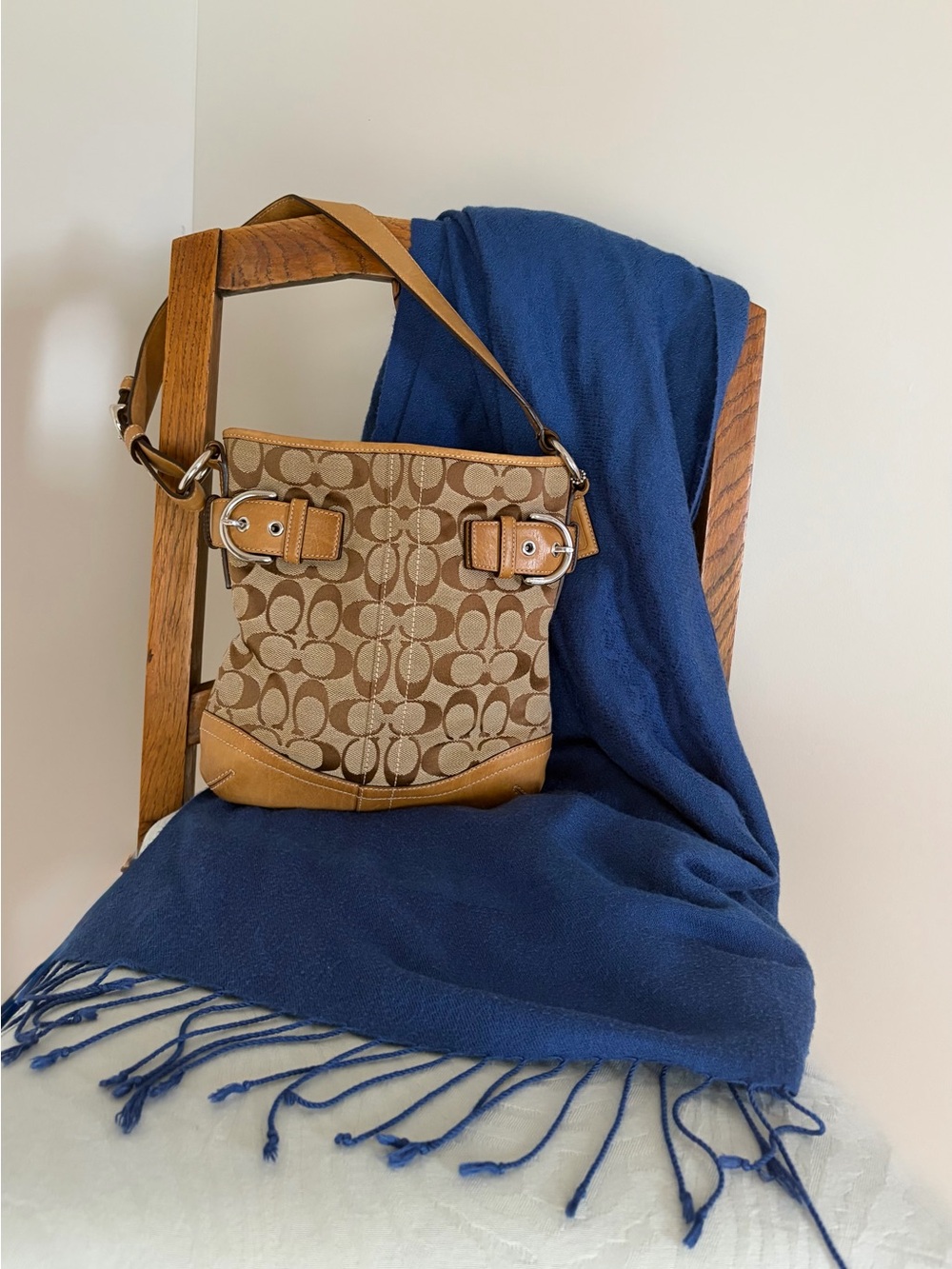 Coach Signature Jacquard Shoulder Bag with Tan Leather Trim